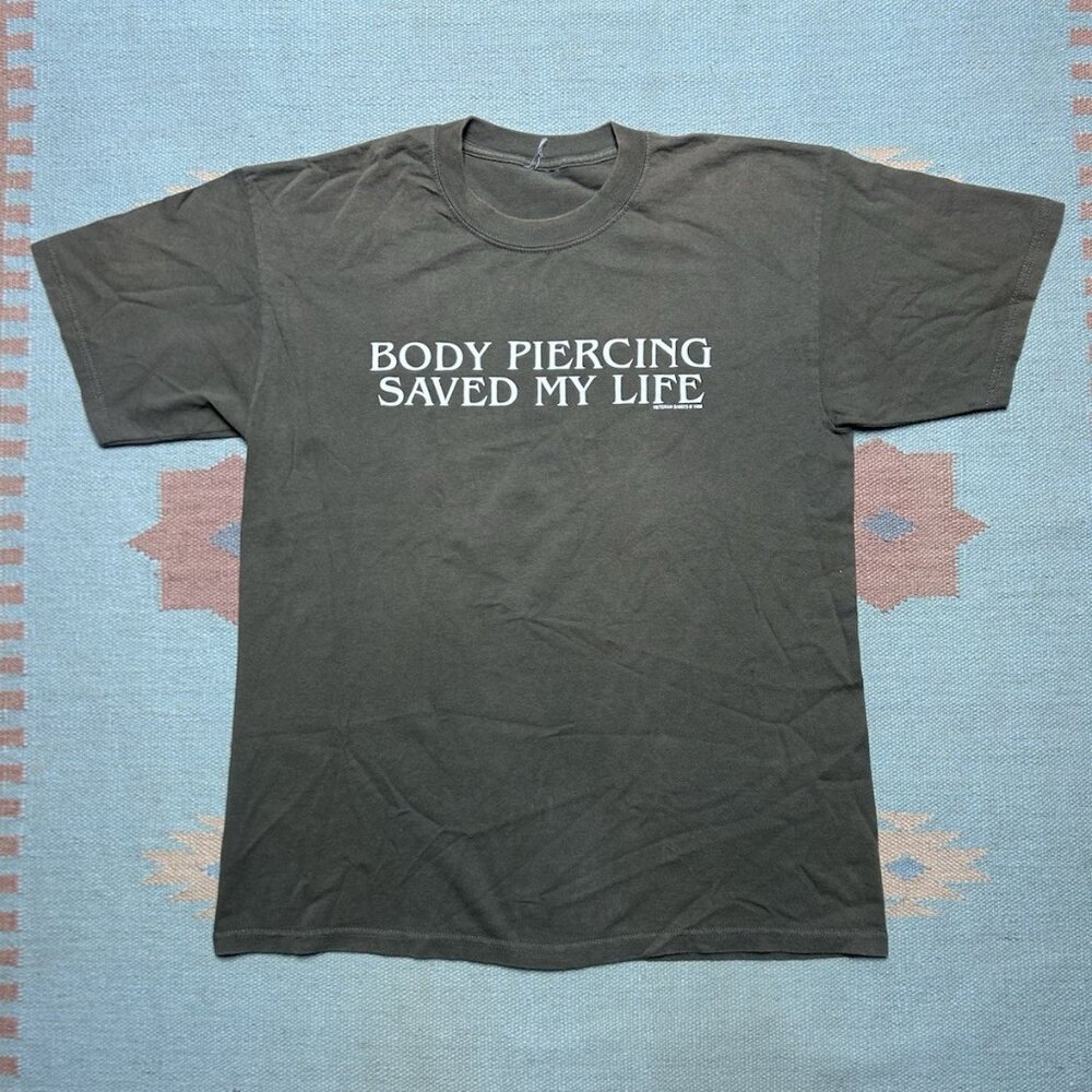 Vintage 90s graphic t shirt body piercing saved my life Jesus double sided L/XL